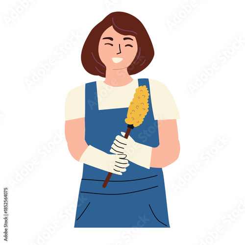 Cartoon asian woman cleaner in uniform. Vector illustration isolated. Cleaning staff holding dust brush.