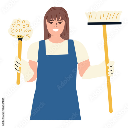 Cartoon clean worker holding brush tools. Vector illustration isolated. Cartoon woman caucasian in uniform with cleaning tools. Homework concept.