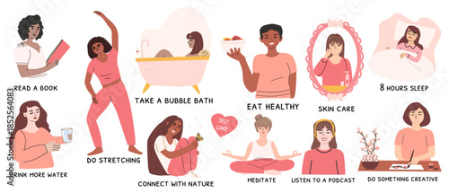 Vector set of self care stickers with woman different ethnicity. Daily lifestyle, mental health of cute woman. Slow life concept. Relax activities, beauty routines. Selfcare stickers collection.
