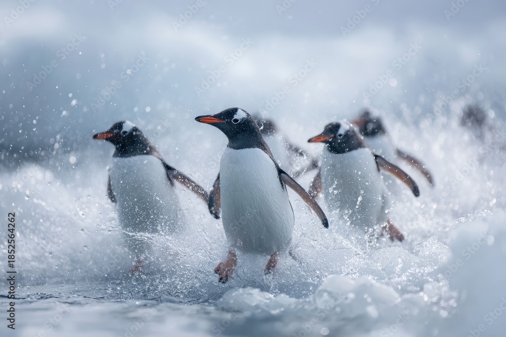 Fototapeta premium Gentoo penguins jumping into icy waters in Antarctica during an active moment of playful exploration and social interaction among the colony