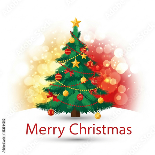 Decorated Christmas tree with ornaments and star festive holiday illustration for seasonal greetings and winter celebrations isolated on bok