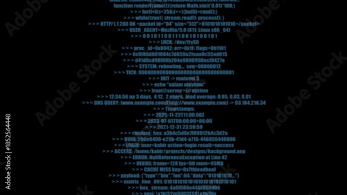 Encrypted programming security hacking code animation. Typing cyan java script code on black screen. Hacker code running down a computer screen terminal.