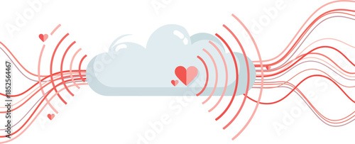 Cloud computing and data transfer abstract concept with red and pink lines emanating from server