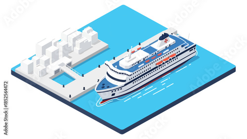 A sleek white passenger ferry with red and blue accents approaches a stylized minimalist dock lined with blocky white structures in this clean isometric view