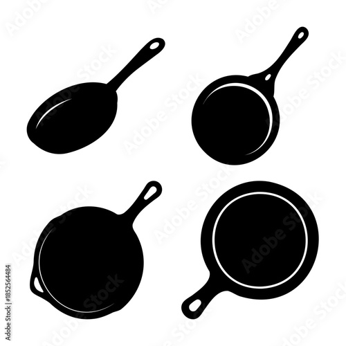 Set of cooking pan and skillet kitchenware black silhouettes