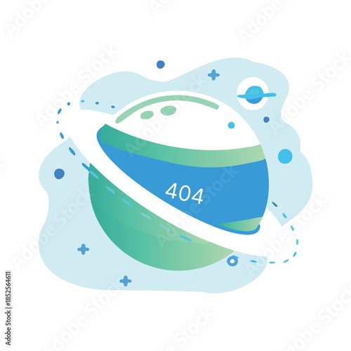 Creative 404 error page illustration featuring a green and blue planet with rings in outer space for website maintenance and technical issues