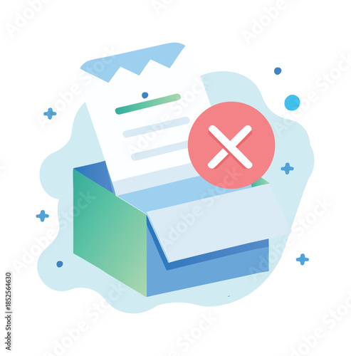 Document box with a red cross mark icon representing rejected file error or deleted data for business office and software interface management
