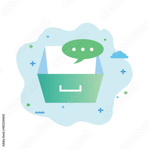 Open file folder with a speech bubble chat icon representing document communication and data collaboration for office work and team project management