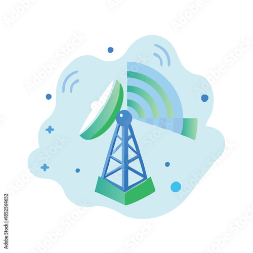 Satellite dish telecommunication tower icon with signal waves for 5G network wireless technology and global communication system infrastructure designs