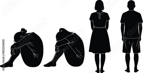 Emotional posture silhouette vector set, black icons, seated and standing figures, introspective poses, isolated artwork, psychological theme design