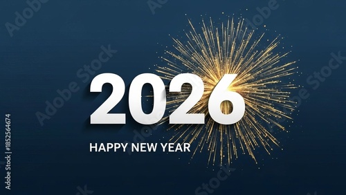 Celebrate the arrival of 2026 with a brilliant golden firework explosion against a dark blue background