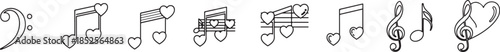 vector Music note combined with heart icon set, simple line art vector in black and white in white background.