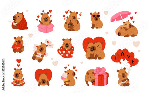 Canvas Print Cute Valentines Day capybara clipart set with heart balloons, romantic letters,