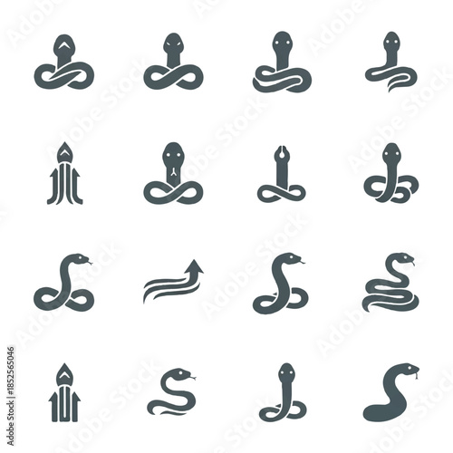 Collection of stylized snake symbols representing transformation and rebirth in minimalist style, conveying mystery and ancient wisdom.
