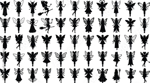 Fairy silhouettes, magical wings, fantasy creatures, mythical beings, enchanted art, wand, crown, broomstick, mystical design, folklore illustration