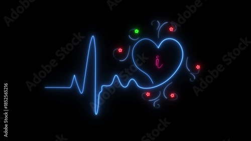 Glowing blue neon Heartbeat line icon with alphabet I. heartbeat rate and pulse, Neon Love heart animation on black background.