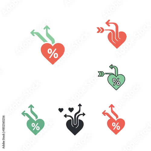 Collection of heart symbols with percentage signs and arrows representing love, growth, and financial concepts on a clean white canvas.