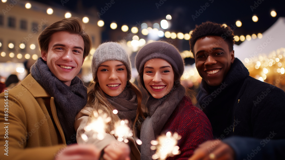 Fototapeta premium Group of friends holding sparklers and smiling together during a festive winter evening. 