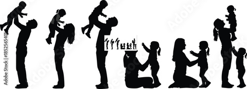 Family silhouettes, parent child bonding, adult lifting child, playful interaction, nurturing care, love, parenting, childhood joy, family connection, affection illustration