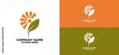 Eco Friendly Logo With Sun Rays And Leaf Symbol For Nature, Growth, And Sustainability Branding