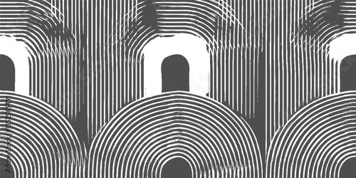 White arched shapes and vertical lines pattern on dark gray background abstract texture geometric
