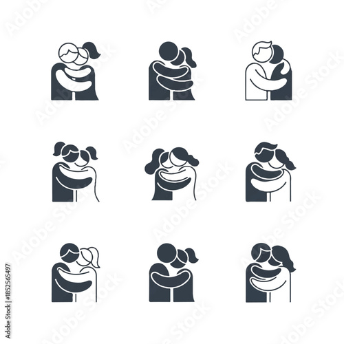 Silhouetted couple embraces tightly, expressing love and affection in a simple, minimalist style, conveying warmth and connection.