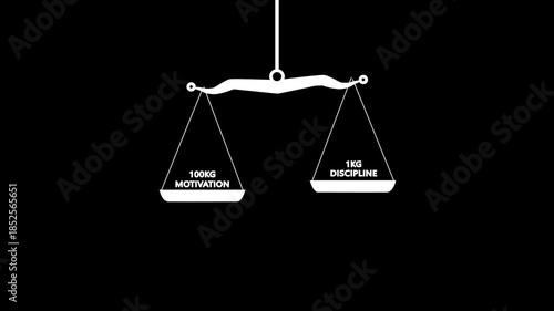Minimalist black and white balance scale symbolizing justice and balance. Minimal black and white conceptual of a balance scale showing Discipline being a better guide to success than motivation.