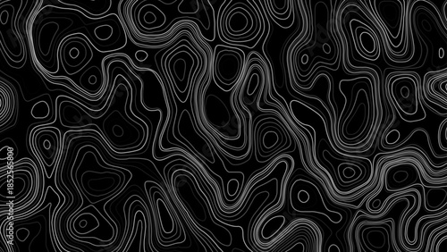 Mapping And Exploration Concept. Abstract White Topographic Contour Lines On Black Background. 