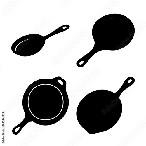 Kitchen utensils and cookware silhouettes, spoon and pans