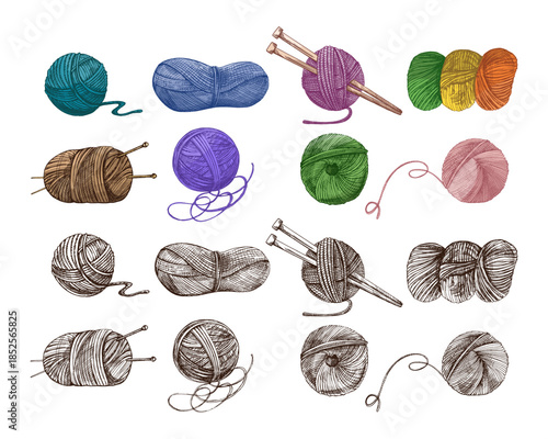 Hand drawn vintage sketch of colorful and monochrome yarn balls with knitting needles, vector illustration on white