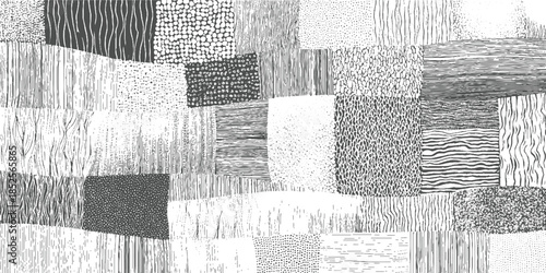 Black and white abstract patchwork of various textured patterns and lines