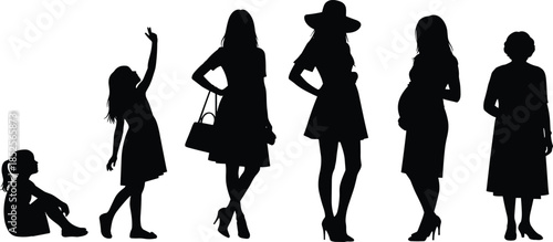 female, life, stages, silhouette, aging, progression, woman, girl, elderly, black, white, icon, illustration, vector, design, symbol, posture, gesture, timeline, transformation