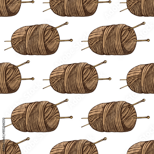 Hand drawn vintage seamless pattern of brown wool yarn balls with knitting needles, cozy textile background