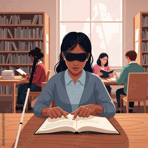 Blind woman reading braille in library accessibility and education concept diverse people studying in background