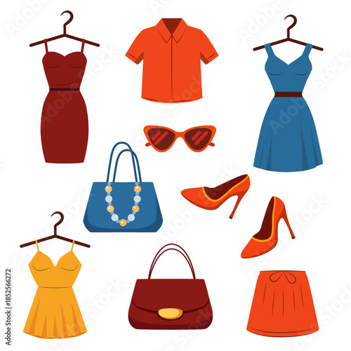 Flat style clothing illustration set. Simple modern apparel elements in minimalist flat design. Casual clothes icons suitable for fashion projects, web design, mobile apps, infographics, branding.