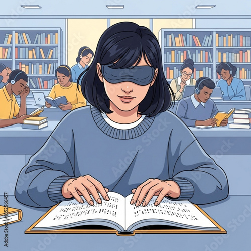 Young woman reading braille book in library representing accessibility and education for visually impaired people diverse students in backgr