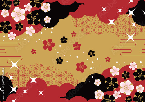 金地に雲と花和背景、超シンプル、かわいい、イラスト、横