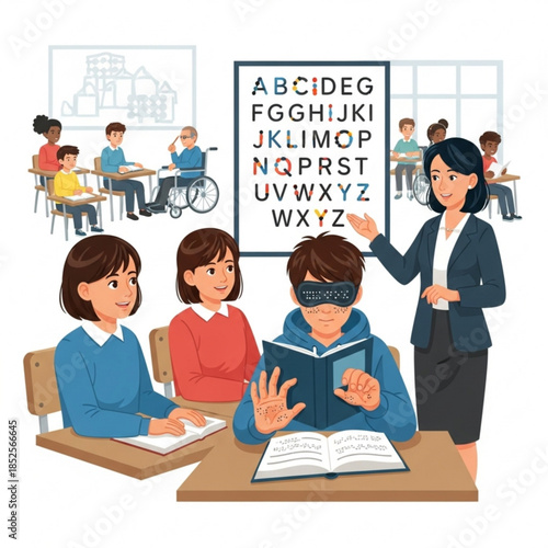 Inclusive classroom with diverse students learning alphabet teacher assisting boy with VR headset and special needs education concept illust