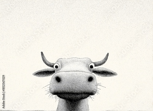 Monochrome cartoon cow staring directly with wide eyes, featuring a minimalistic dot work art style on a white background.