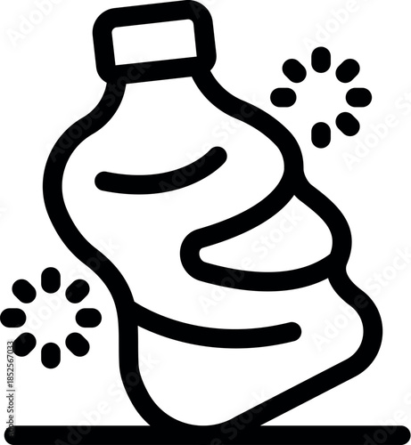 Crumpled empty plastic bottle lying on the ground with rotating recycling signs, representing environmental pollution and the need for recycling