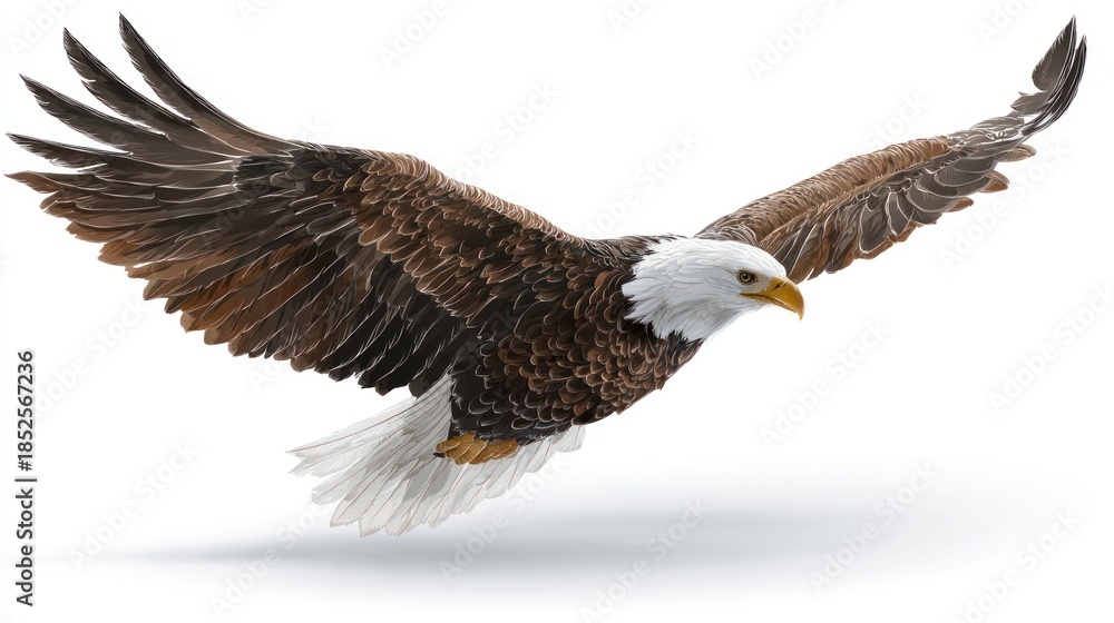 Obraz premium Soaring eagle with wings spread against white background for design