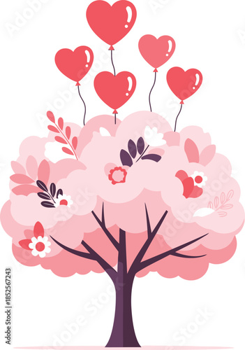 Whimsical tree with heart shaped balloons and spring flowers on white background