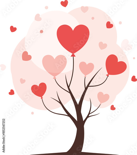 Tree with red and pink hearts floating in the air on a white background for valentine s day or love concept