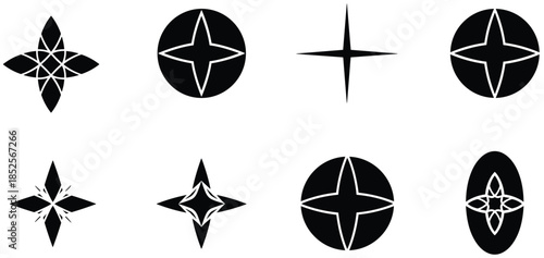 Set of eight different black geometric star sparkle icons and celestial cross symbols isolated on white background for modern graphic design