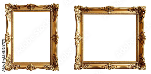 Ornate gold picture frame with intricate carvings and decorative elements isolated on white background