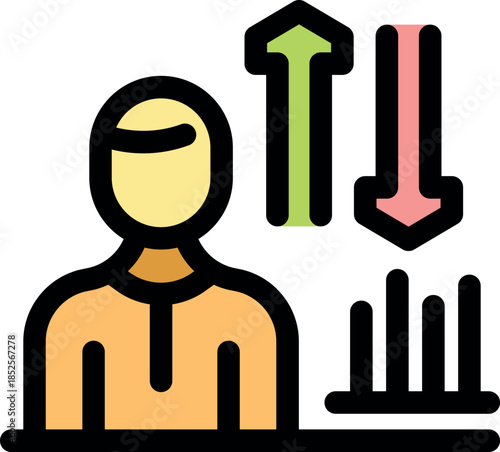 Trader evaluating market trends, represented by a bar chart with fluctuating arrows, symbolizing investment analysis and decision making