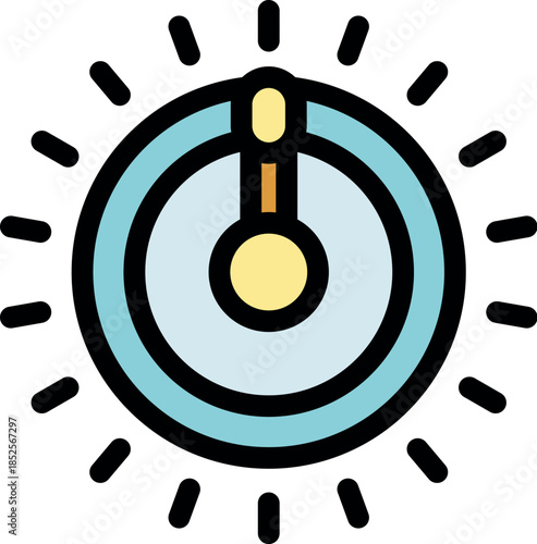 Round control knob increasing light intensity with rays shining outward, representing concepts like control, adjustment, and brightness