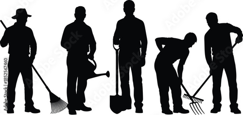 gardening, silhouette, tools, posture, rake, shovel, watering, pitchfork, black, white, icon, illustration, vector, design, symbol, outdoor, activity, labor, landscaping, gesture