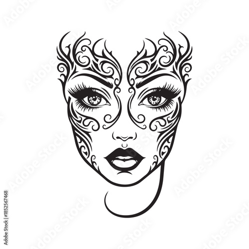 Beautiful woman face with tribal ornament tattoo vector illustration. Female portrait with decorative makeup pattern, swirl design, and big eyes. Black and white sketch style.
