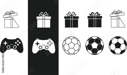 Black and white gift box game controller and soccer ball icons in outline and solid styles
